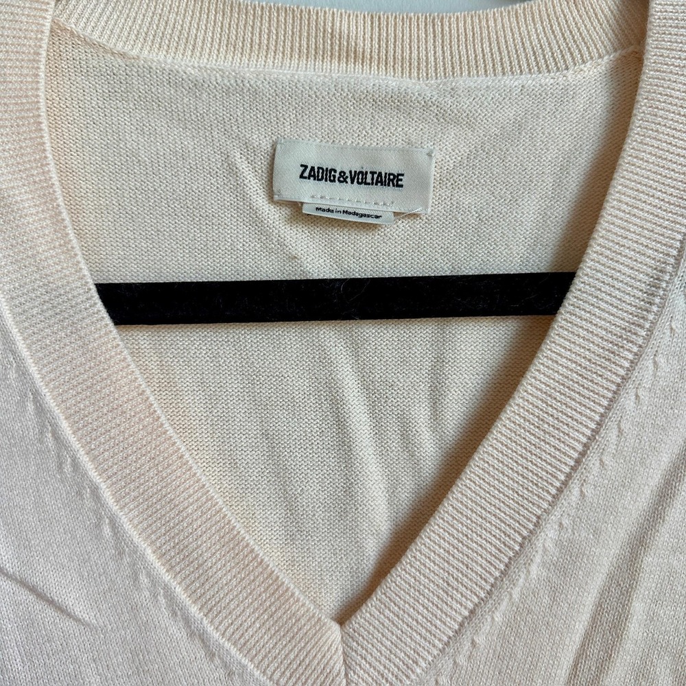 Zadig & Voltaire Sweater Womens Medium Cream V Neck Pullover Rhinestone Sleeve - Picture 2 of 10